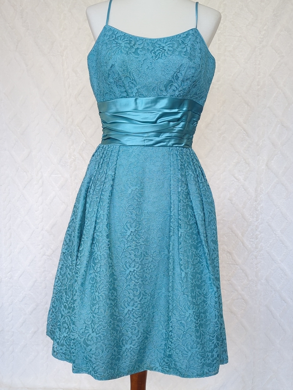 Vintage Teal Lace Fit-and-Flare Dress with Satin Waistband